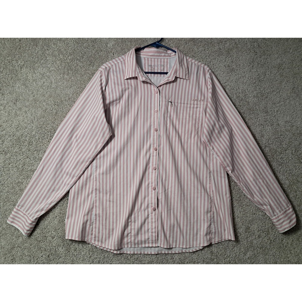 Ariat AriatTEK Button Down Women XL Pink White Striped Long Sleeve Performance